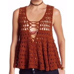 Free People Crochet Lace-Up Tank Top - Rust